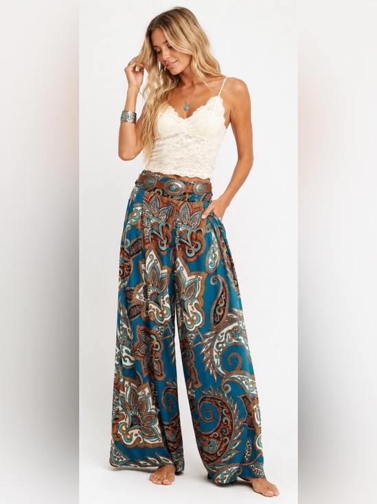 FARM Rio Pants - FARM Rio Teal & Brown Paisley Wide-Leg Palazzo Pants